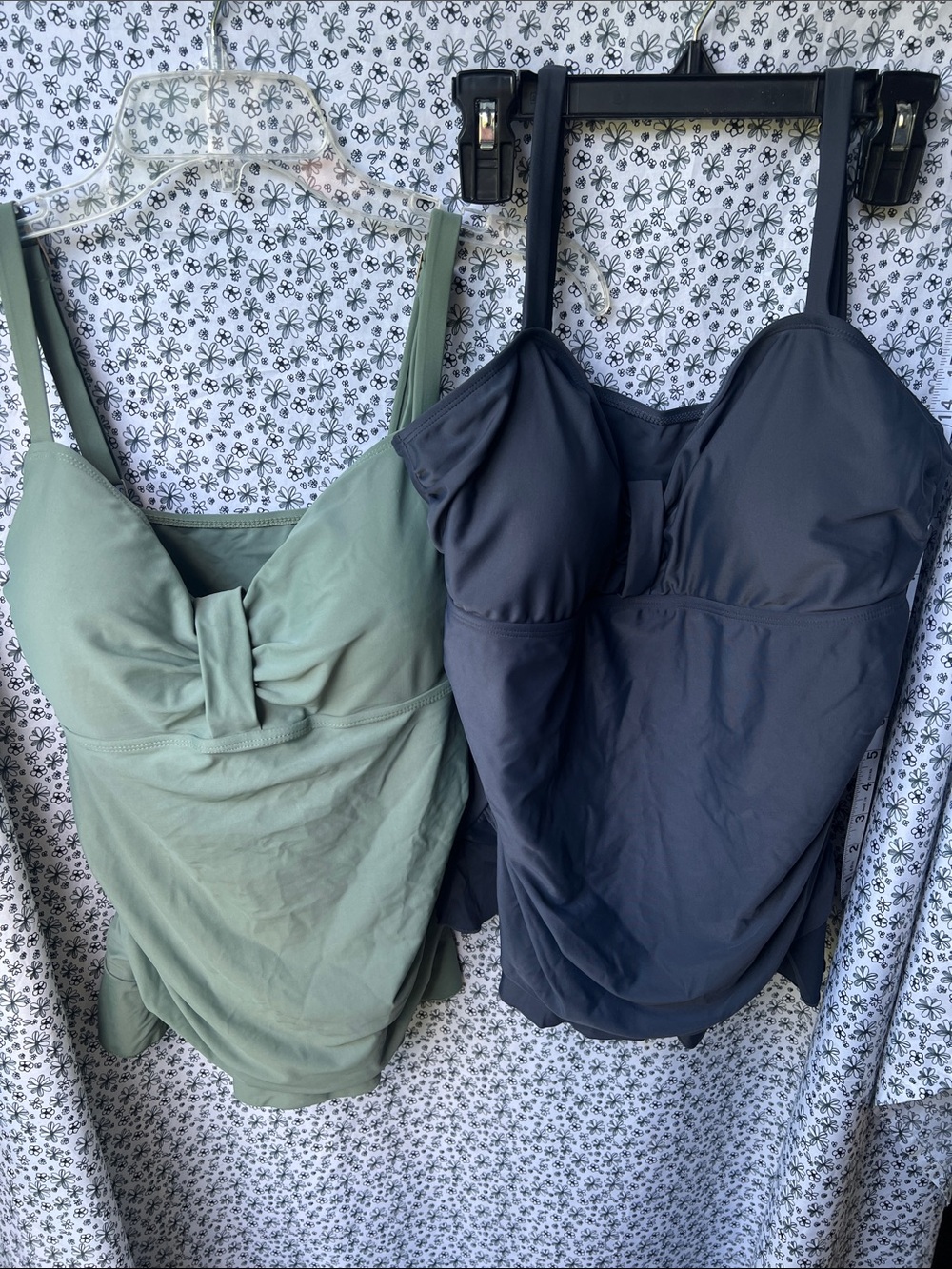 2 swim tops: green and gray